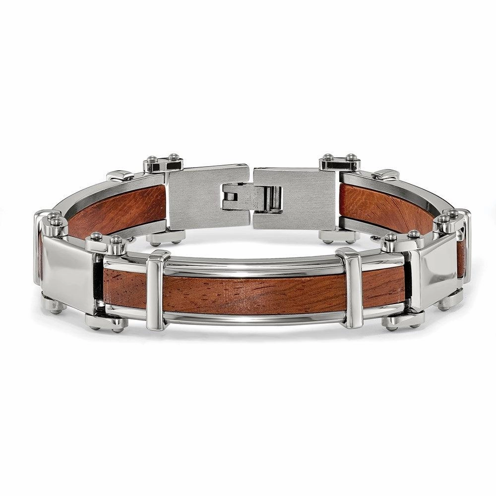 Stainless Steel Polished with Wood Inlay 8.25in Bracelet