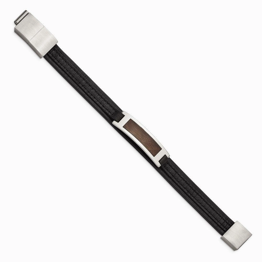 Stainless Steel Polished with Wood Inlay Black Leather w/.5in ext Bracelet