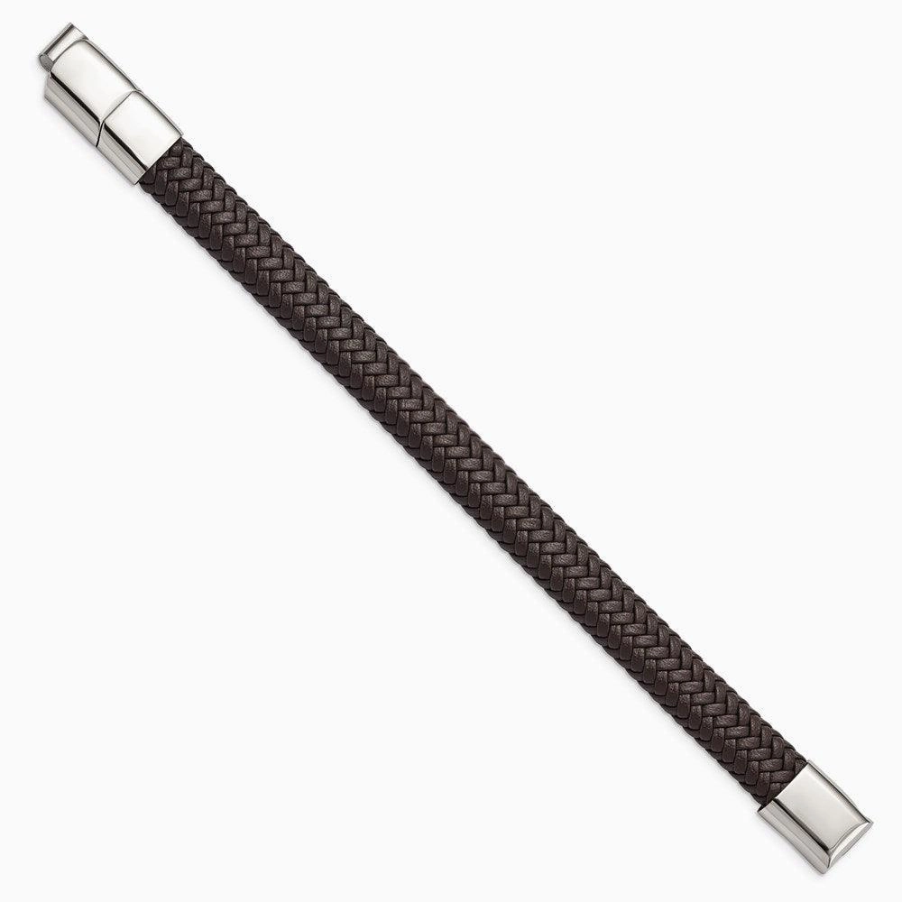 Stainless Steel Polished Woven D.Brown Leather w/.5in ext 8in Bracelet