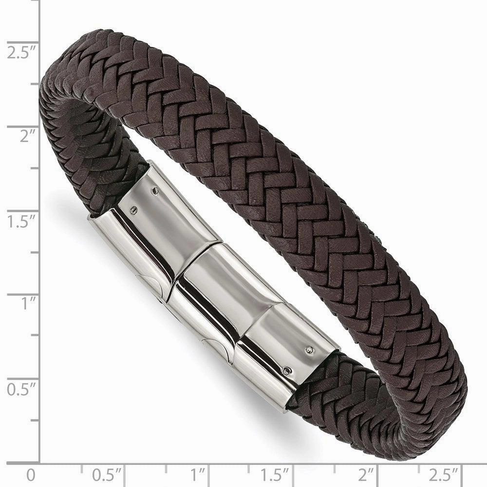 Stainless Steel Polished Woven D.Brown Leather w/.5in ext 8in Bracelet
