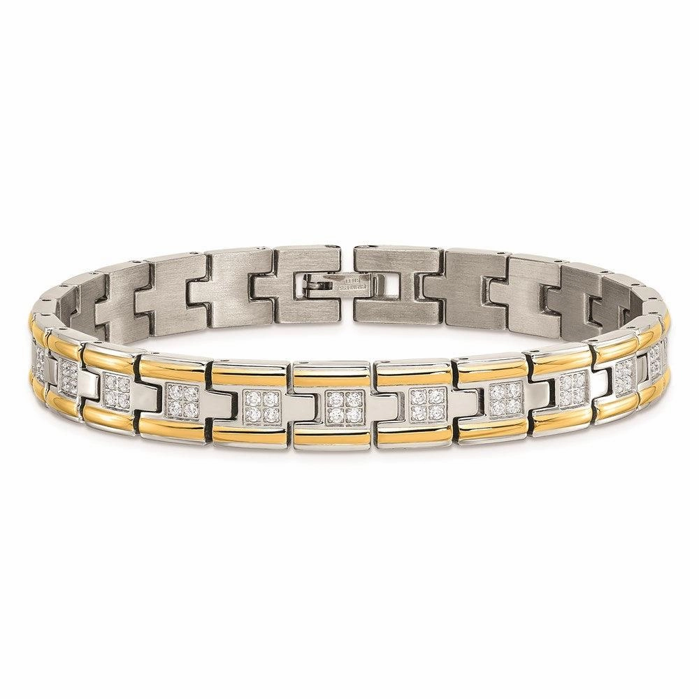 Stainless Steel Polished Yellow IP CZ 8.50in Link Bracelet