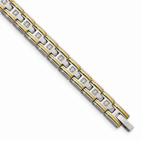 Stainless Steel Polished Yellow IP CZ 8.50in Link Bracelet