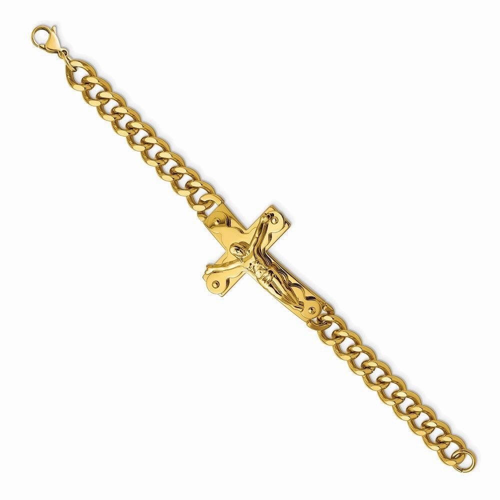 Stainless Steel Polished Yellow IP-plated Crucifix 8.25in Bracelet