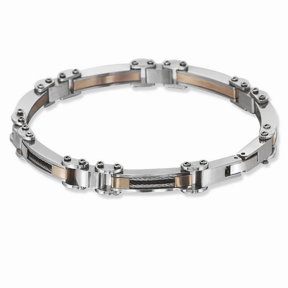 Stainless Steel Rose GP with Black and Silver Cable Bracelet