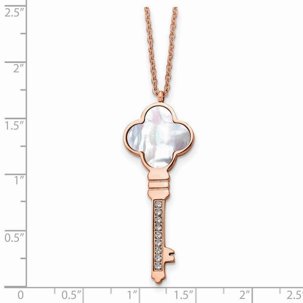 Stainless Steel Rose IP-plated CZ & MOP Key w/ 2in ext Necklace