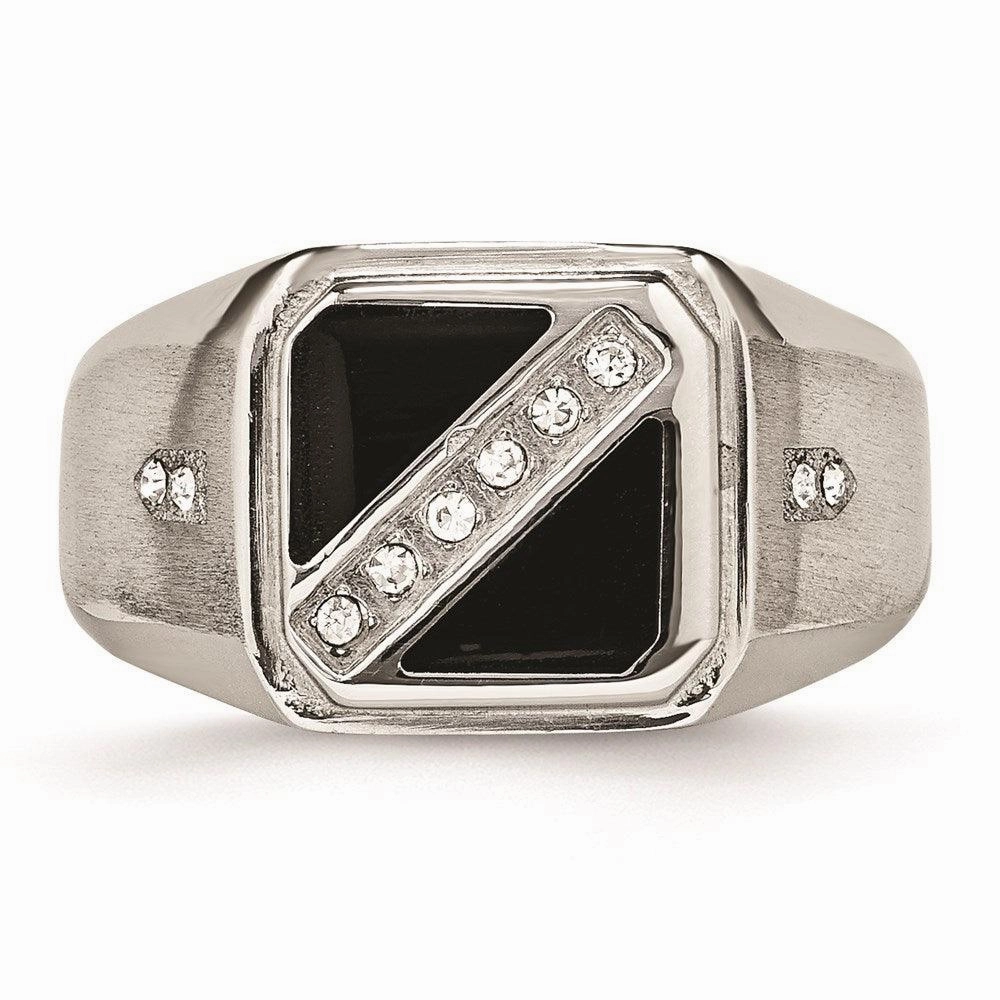 Stainless Steel Satin & Polished w/Black Enamel CZ Ring