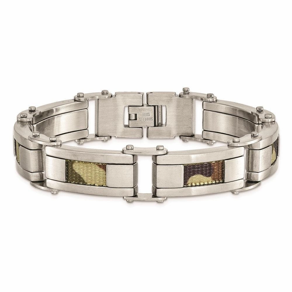 Stainless Steel Satin w/Brown Camo Fabric Inlay 8.5in. Link Bracelet