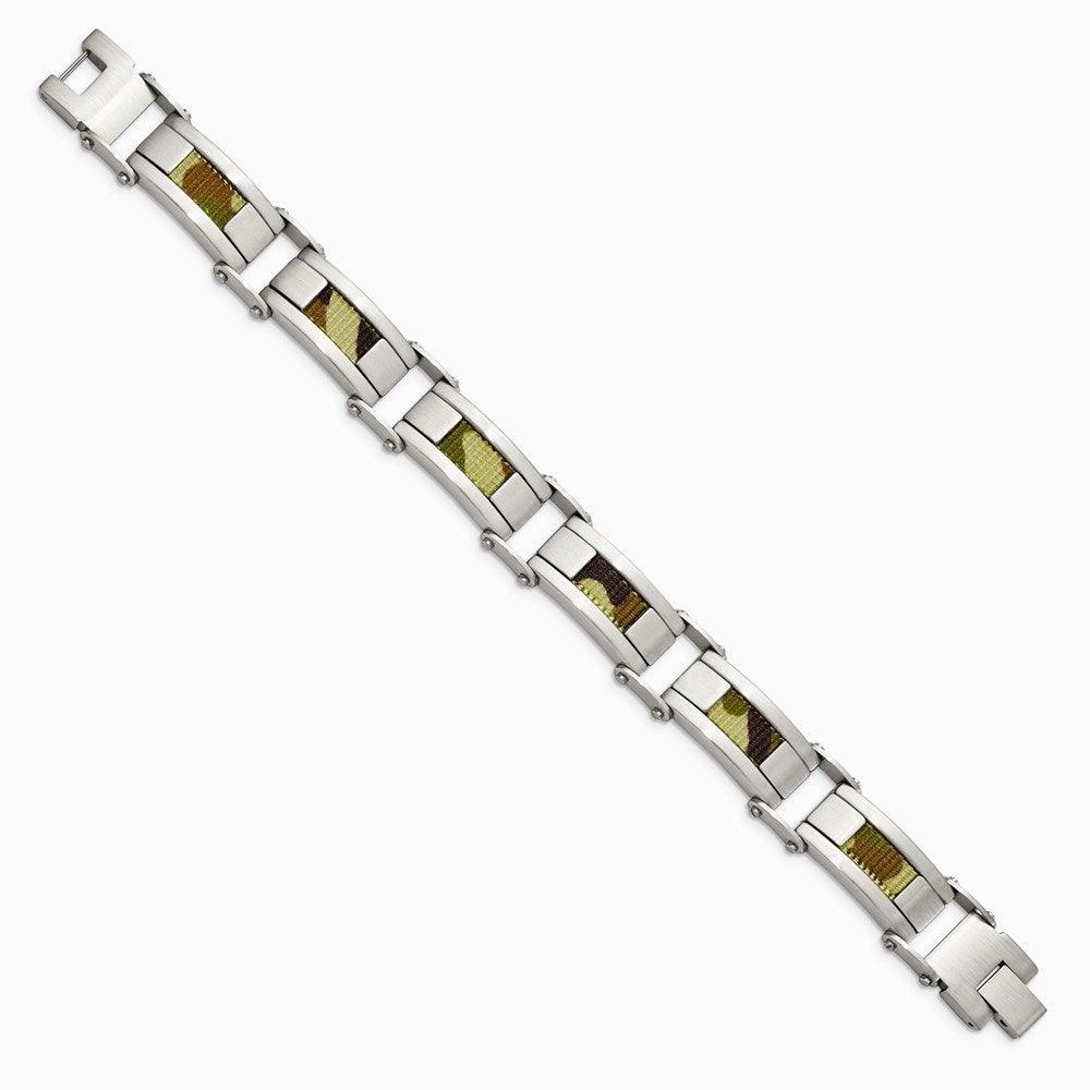 Stainless Steel Satin w/Brown Camo Fabric Inlay 8.5in. Link Bracelet