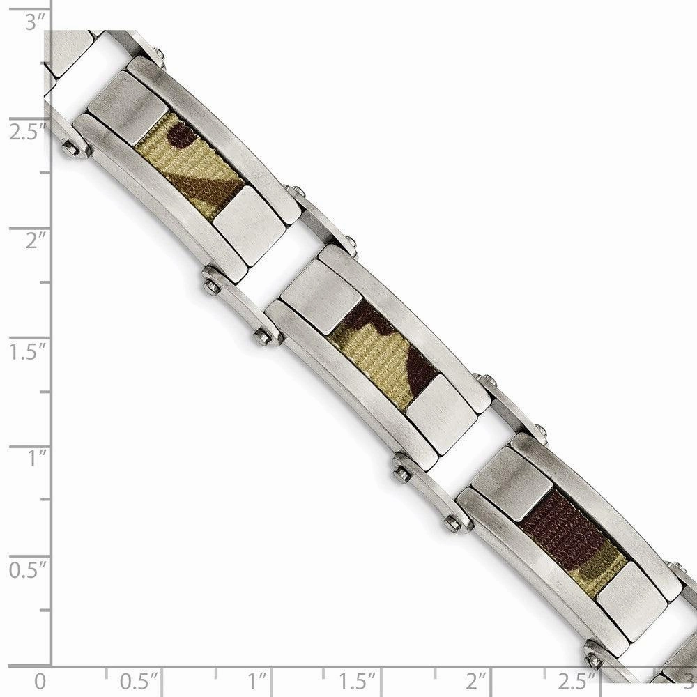 Stainless Steel Satin w/Brown Camo Fabric Inlay 8.5in. Link Bracelet