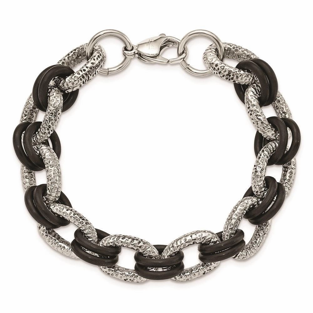 Stainless Steel Textured & Black Rubber 9in Bracelet