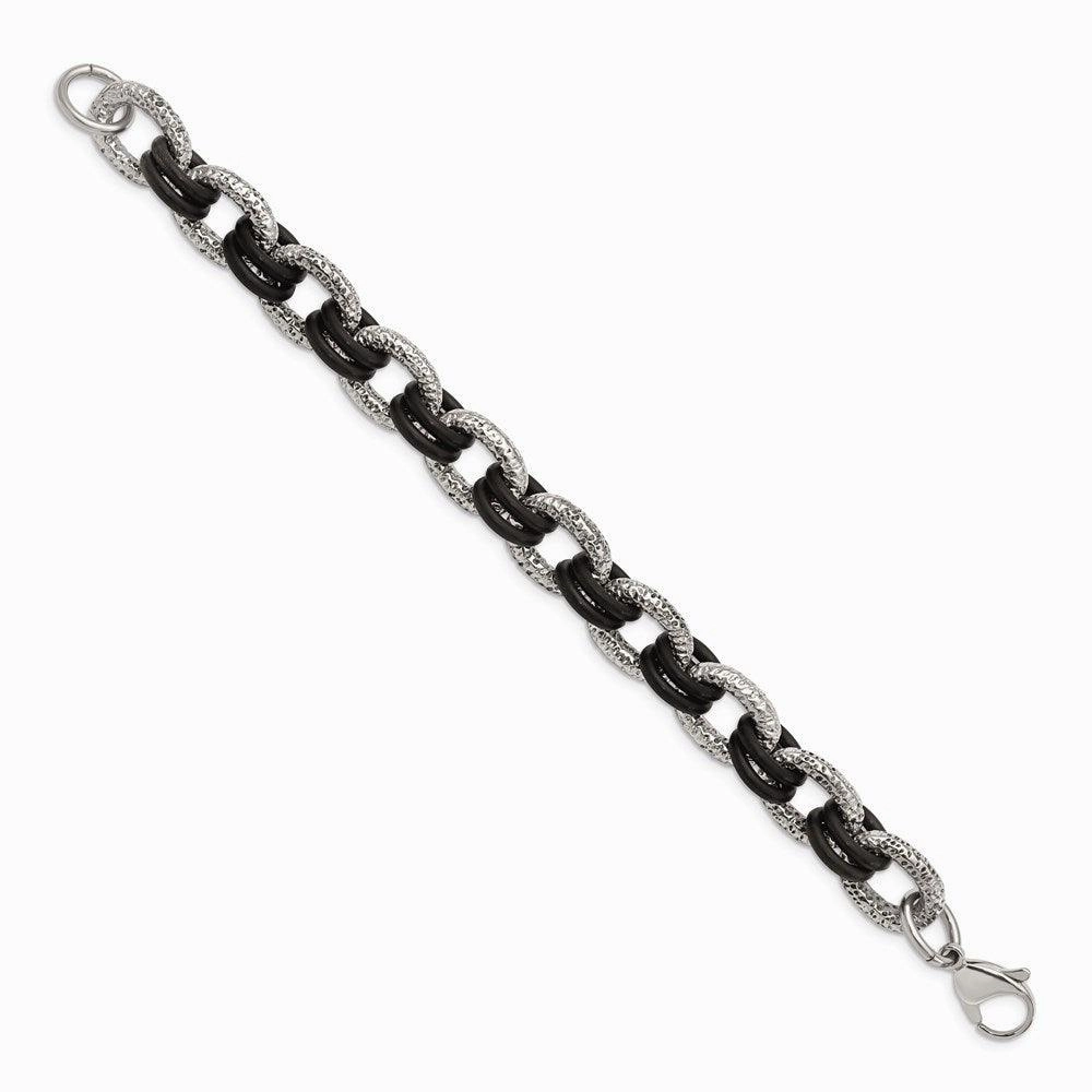 Stainless Steel Textured & Black Rubber 9in Bracelet