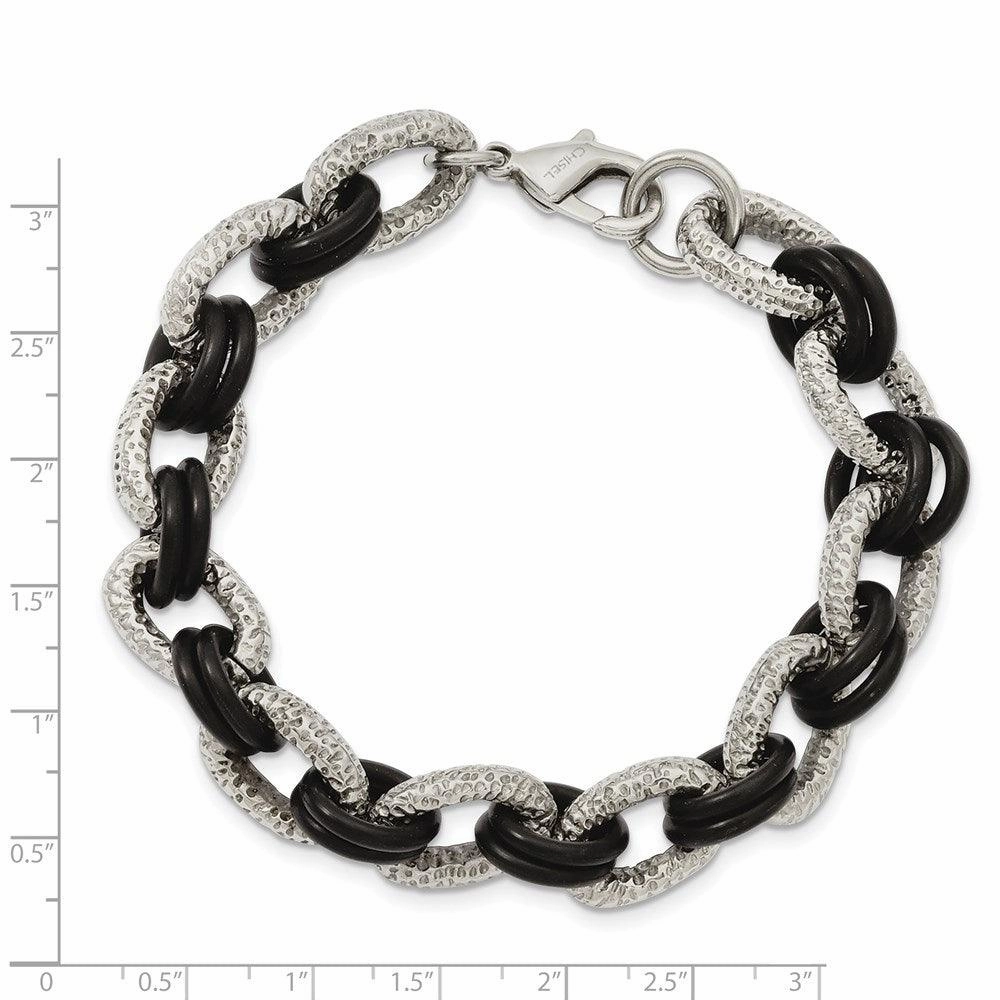 Stainless Steel Textured & Black Rubber 9in Bracelet