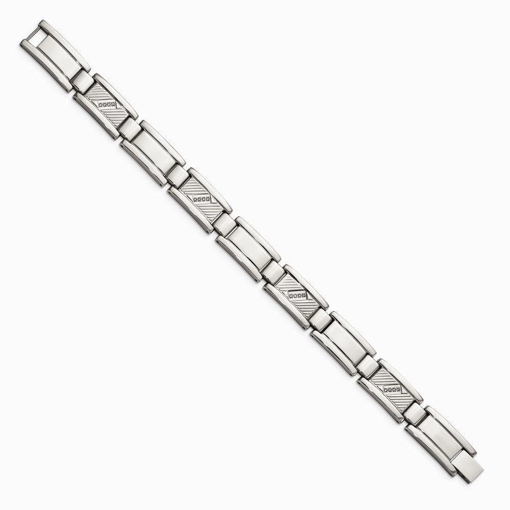 Stainless Steel Textured & Polished w/Diamonds 8.5in Bracelet