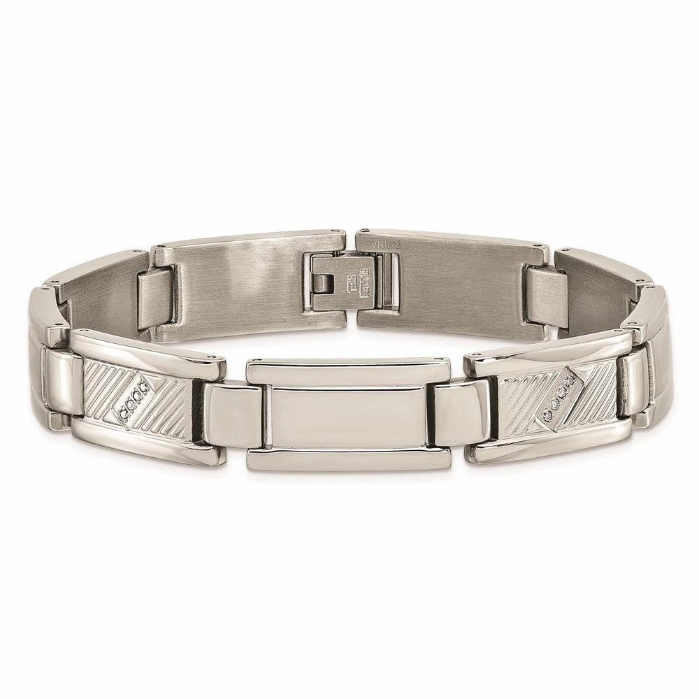 Stainless Steel Textured & Polished w/Diamonds 8.5in Bracelet