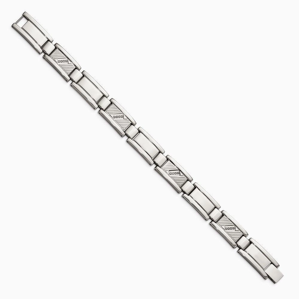 Stainless Steel Textured & Polished w/Diamonds 8.5in Bracelet