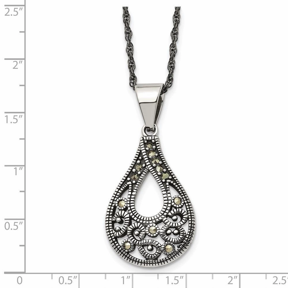 Stainless Steel Textured Teardrop Marcasite Necklace