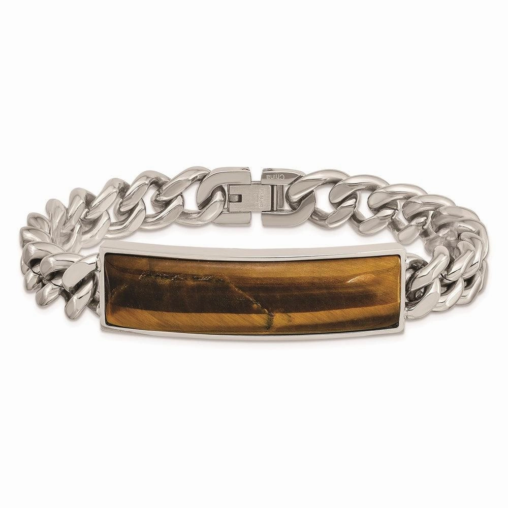 Stainless Steel Tigers Eye & Polished 8.25in Bracelet