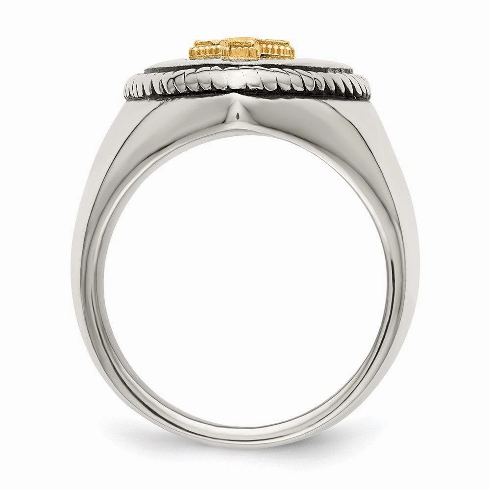 Stainless Steel w/14k Accent Antiqued & Polished Cross on Shield Ring