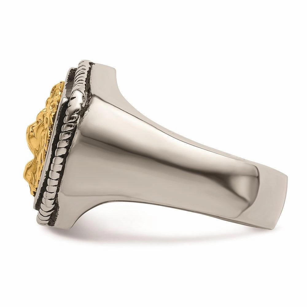 Stainless Steel w/14k Accent Antiqued & Polished Lion on Shield Ring