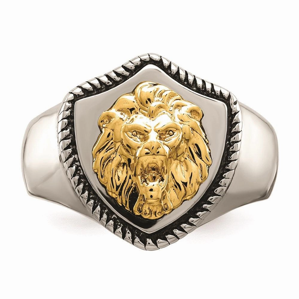 Stainless Steel w/14k Accent Antiqued & Polished Lion on Shield Ring