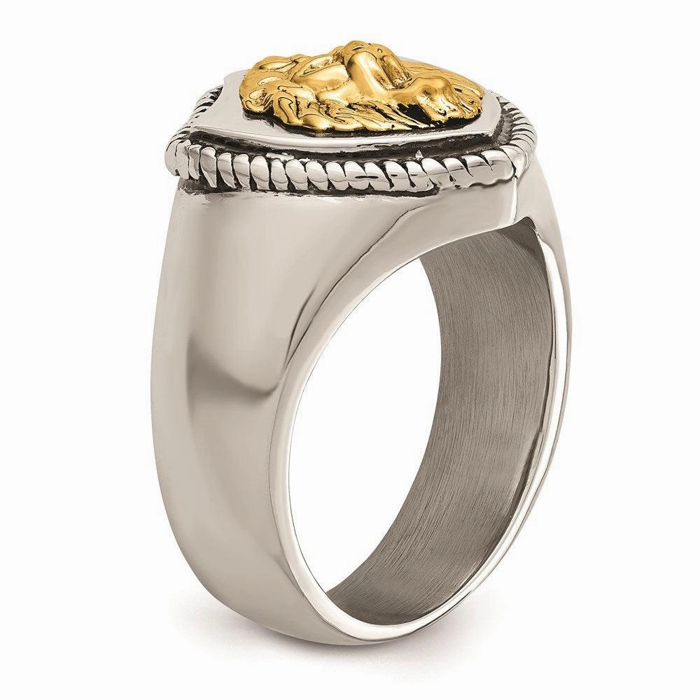 Stainless Steel w/14k Accent Antiqued & Polished Lion on Shield Ring