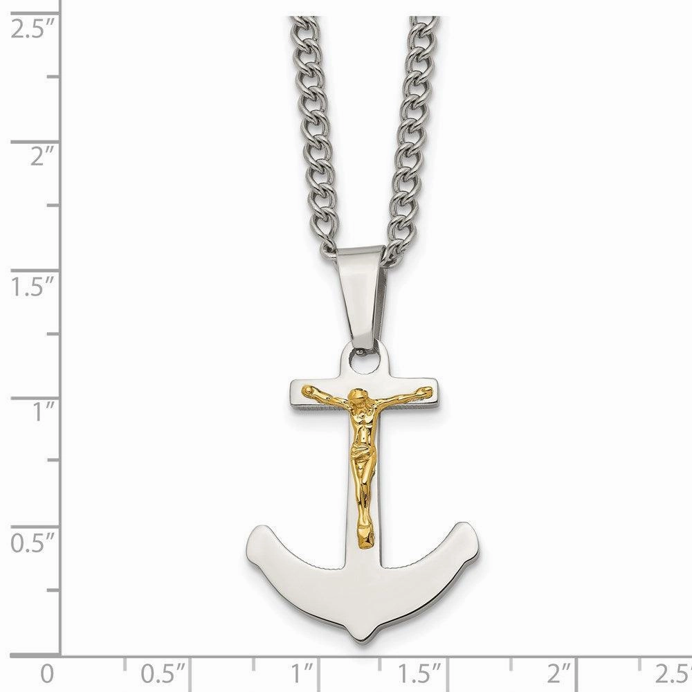 Stainless Steel w/14k Gold Crucifix Anchor Necklace