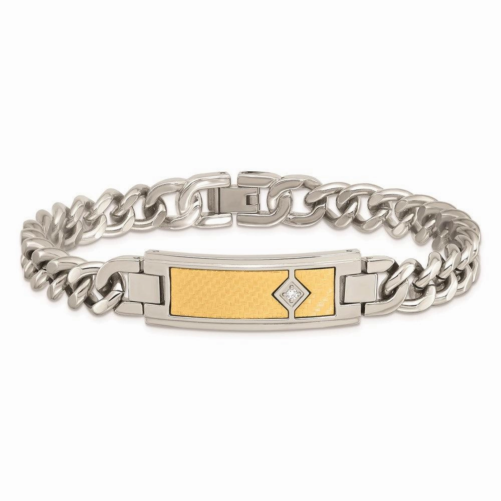 Stainless Steel w/18k Polished Weave Textured Diamond ID Bracelet
