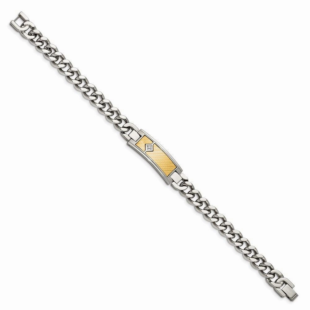Stainless Steel w/18k Polished Weave Textured Diamond ID Bracelet