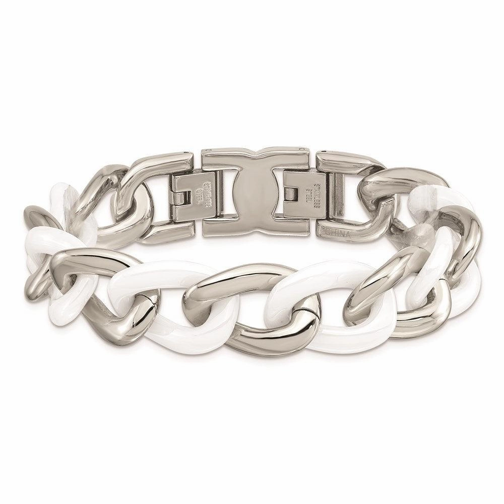 Stainless Steel White Ceramic 7.5in w/ 1in. ext Bracelet