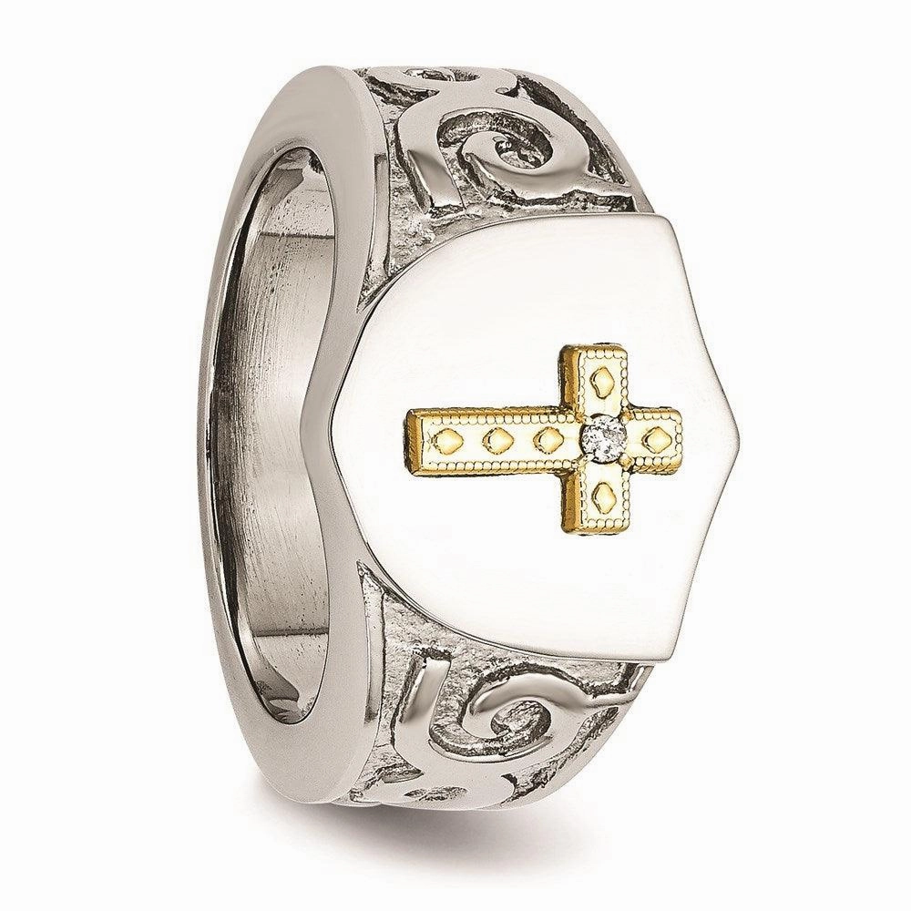 Stainless Steel with 10K Gold Cross and Diamond Polished Ring