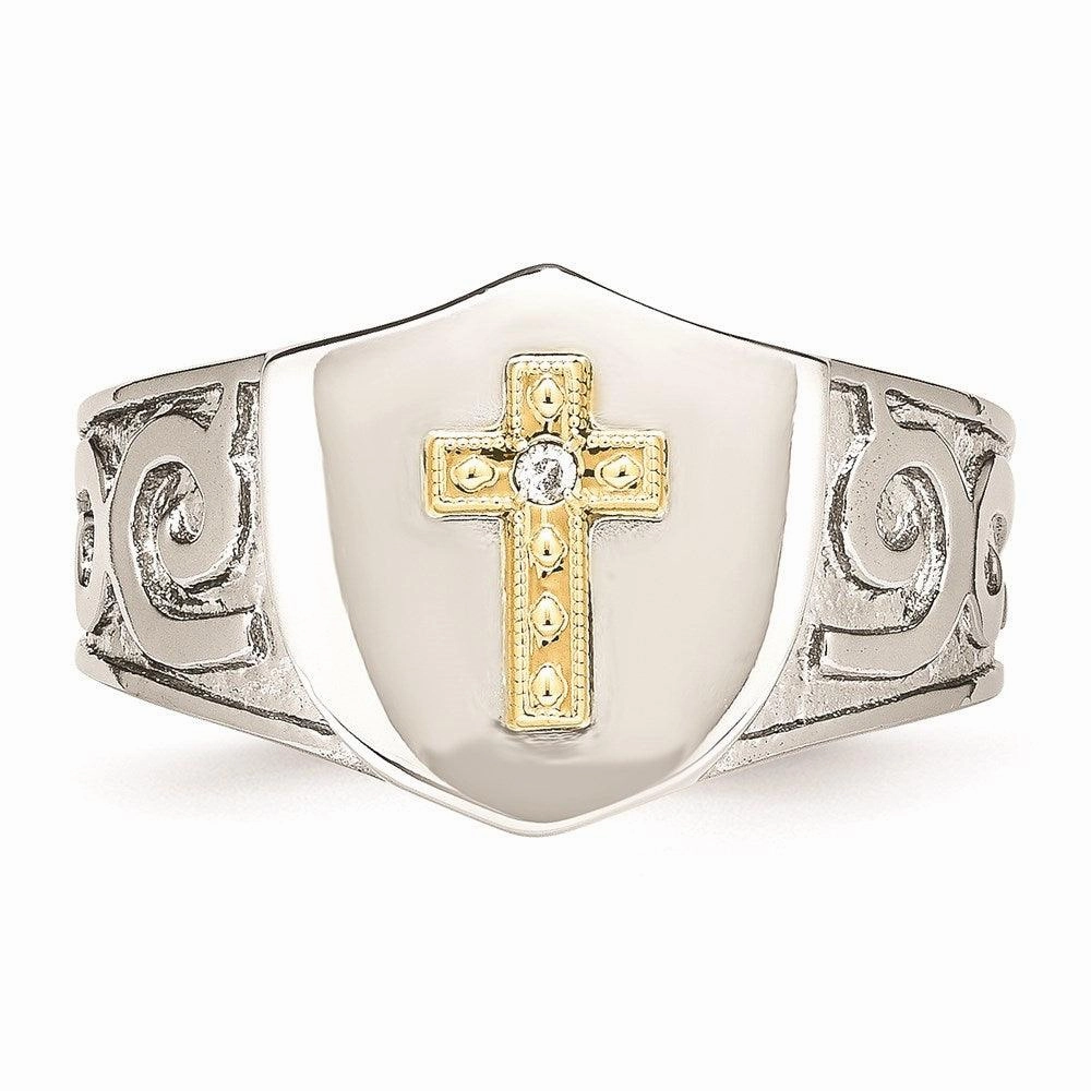 Stainless Steel with 10K Gold Cross and Diamond Polished Ring