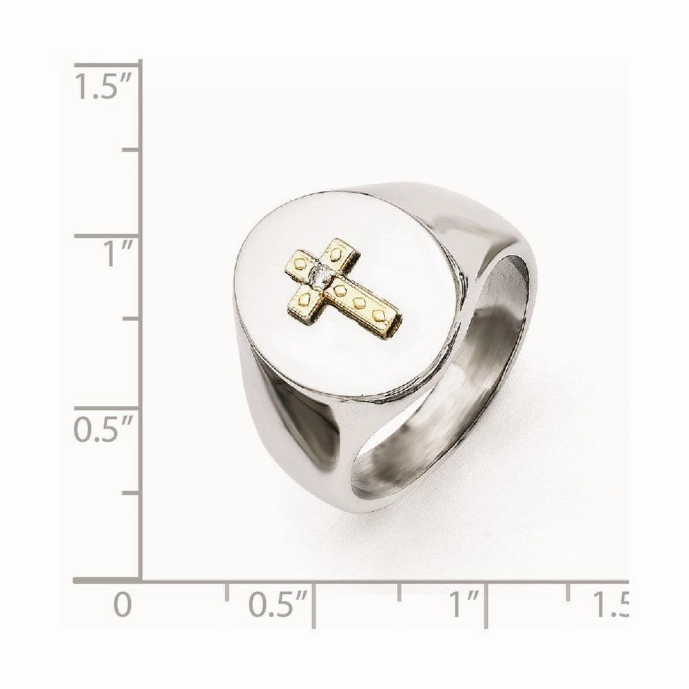 Stainless Steel with 10K Gold Cross and Diamond Polished Ring