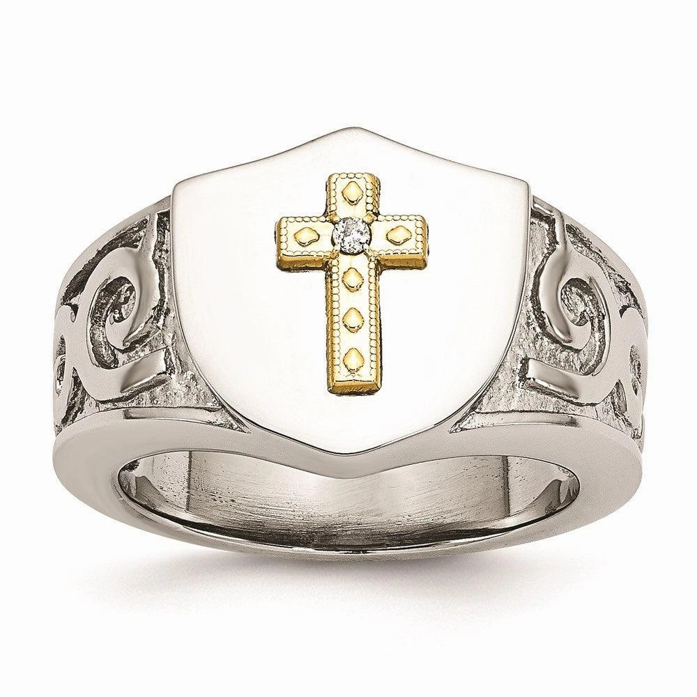 Stainless Steel with 10K Gold Cross and Diamond Polished Ring