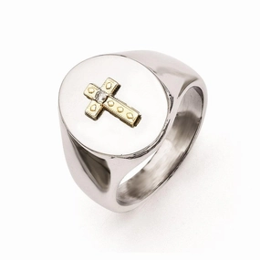 Stainless Steel with 10K Gold Cross and Diamond Polished Ring