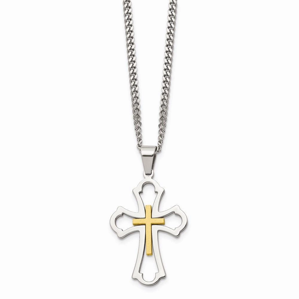 Stainless Steel Yellow IP-plated Cross Brushed/Polished Necklace