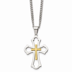 Stainless Steel Yellow IP-plated Cross Brushed/Polished Necklace