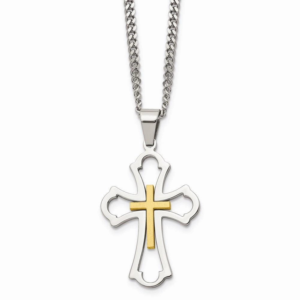 Stainless Steel Yellow IP-plated Cross Brushed/Polished Necklace