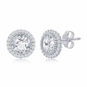 Sterling Silver 10mm Round CZ Halo Stud Earrings