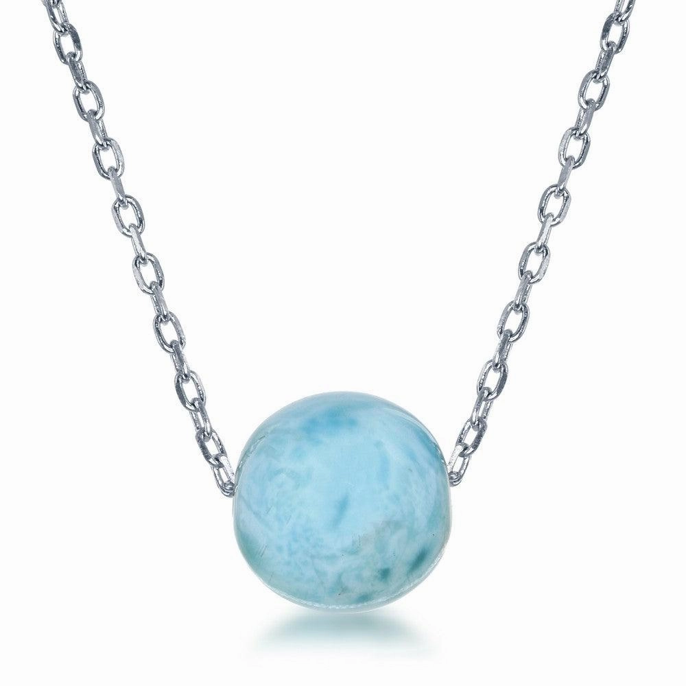 Sterling Silver 10MM Round Larimar Bead Necklace
