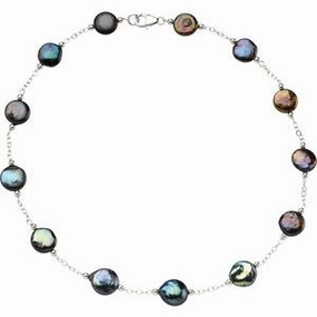 Sterling Silver 12-13 mm Cultured Black Freshwater Pearl Coin 18" Necklace