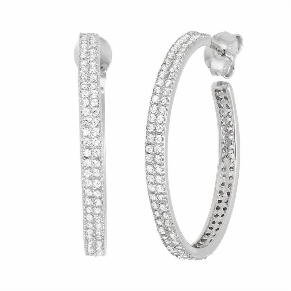 Sterling Silver 25mm Double Row CZ Hoop Earrings