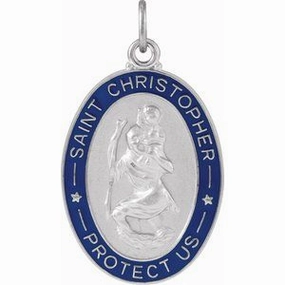 Sterling Silver 26x20 mm Blue Enamel St. Christopher Medal