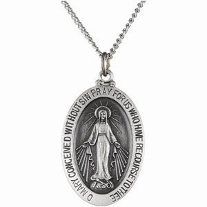 Sterling Silver 29x20 mm Oval Miraculous Medal 24" Necklace