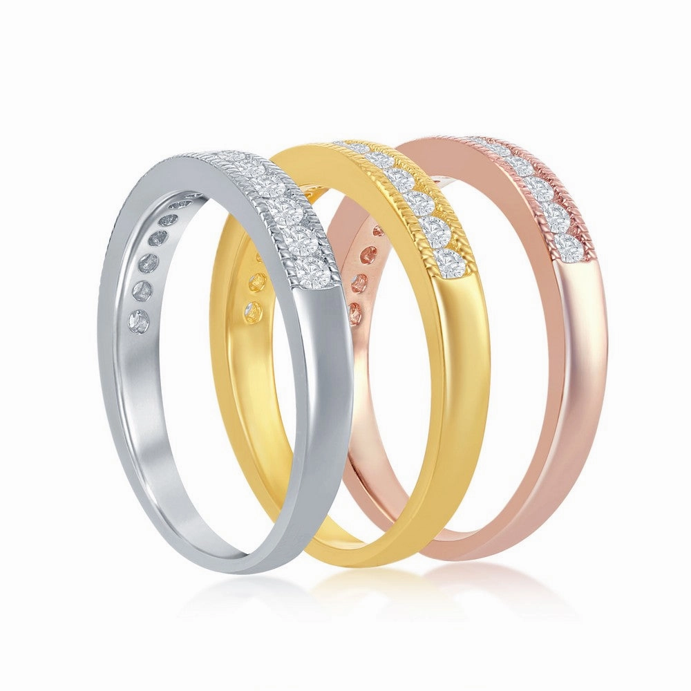Sterling Silver 3-Band Silver; GP and RoseGP With  Clear CZ Ring - W-8977