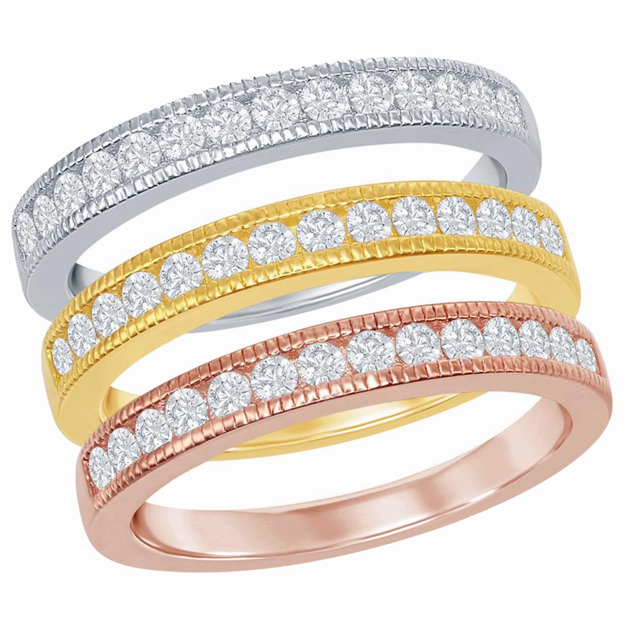 Sterling Silver 3-Band Silver; GP and RoseGP With  Clear CZ Ring - W-8977