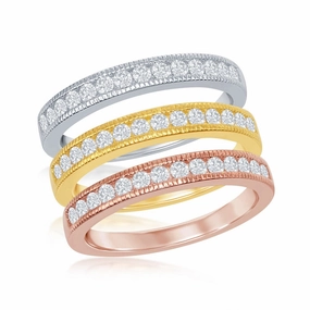 Sterling Silver 3-Band Silver; GP and RoseGP With  Clear CZ Ring - W-8977