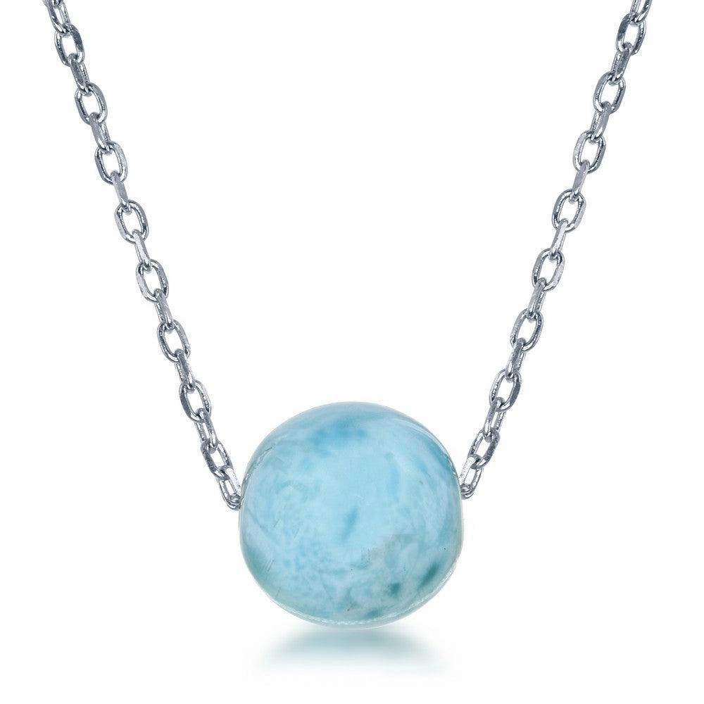 Sterling Silver 8mm Larimar Bead Necklace