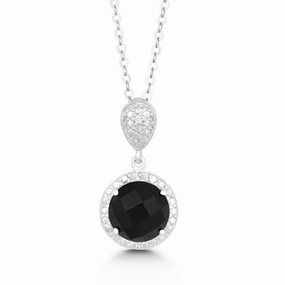Sterling Silver 9mm Black Onyx Diamond Pendant