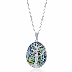 Sterling Silver Abalone Tree Pendant Oval Chain