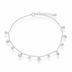Sterling Silver Alternating Cubic Zirconia and Shiny Disc Anklet